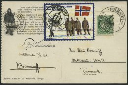 NORWEGEN 78A BRIEF, 1913, 5 Ø Grün Und Amundsen-Vignette Auf Framkarte Mit POLHAVET-Stempel Nach Dänema - Usati