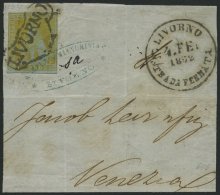 TOSCANA 2x BrfStk, 1851, 1 So. Gelb, Blaues Papier, Mit Stempel LIVORNO Auf Briefteil, Links Oben Leicht Berührt So - Toscana