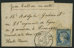 FRANKREICH 15 BRIEF, 1870, 20 C. Blau Mit Sternstempel Und Nebenstempel K2 PARIS R.St. LAZARE 10. NOV. Auf Ballon Monte - Other & Unclassified