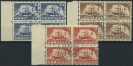 GRÖNLAND - DÄNISCHE POST 34-36 VB O, 1950, 50 Ø - 2 Kr. Schiffe, Je Im Zentrisch Gestempelten Viererblo - Otros & Sin Clasificación