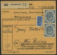 BUNDESREPUBLIK 134 Paar BRIEF, 1954, 50 Pf. Posthorn Im Senkrechten Paar Als Mehrfachfrankatur Auf Paketkarte Aus HERRNG - Used Stamps