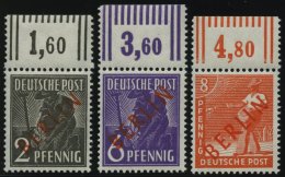 BERLIN 21-23WOR **, 1949, 2, 6 Und 8 Pf. Rotaufdruck, Walzendruck, Oberrandstücke, 3 Prachtwerte, Gepr. D. Schlegel - Gebruikt