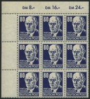DDR 339PFIII **, 1952, 80 Pf. Thälmann Mit Plattenfehler Fleck Am Kinn Und Strich Am Kragen (Feld 23) Im Neunerbloc - Usados
