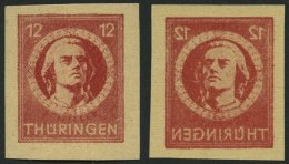 THÜRINGEN 97AXaqU **, 1945, 12 Pf. Karminrot, Vollgummierung, Graues Kartonpapier, Ungezähnt Und Deutlicher Ab - Altri & Non Classificati