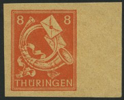 THÜRINGEN 96AYyU **, 1945, 8 Pf. Rotorange, Spargummierung, Gelblichgraues Papier, Ungezähnt, Rechtes Randst&u - Other & Unclassified