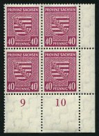 PROVINZ SACHSEN 84Xa VB **, 1945, 40 Pf. Dunkellilarosa, Wz. 1X, Im Unteren Rechten Eckrandviererblock, Dabei Plattenfeh - Otros & Sin Clasificación