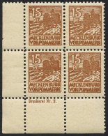 MECKLENBURG-VORPOMMERN 37zaDZ **, 1946, 15 Pf. Gelbbraun, Dünnes Papier, Im Eckrandviererblock Mit Druckereizeichen - Autres & Non Classés