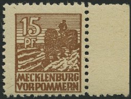MECKLENBURG-VORPOMMERN 37ye **, 1946, 15 Pf. Orangebraun, Graues Papier, Rechtes Randstück, Pracht, Gepr. Kramp, Mi - Autres & Non Classés