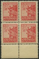 MECKLENBURG-VORPOMMERN 36zz VB **, 1946, 12 Pf. Rot, Dünnes Papier, Diagonal Genetzte Gummierung, Im Viererblock Vo - Autres & Non Classés