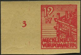 MECKLENBURG-VORPOMMERN 36ybGU **, 1946, 12 Pf. Rot, Graues Papier, Druck Auf Gummiseite, Ungezähnt, Pracht, Mi. 150 - Autres & Non Classés