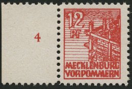 MECKLENBURG-VORPOMMERN 36xcc **, 1946, 12 Pf. Schwärzlichgraurot, Kreidepapier, Linkes Randstück, Pracht, Gepr - Autres & Non Classés