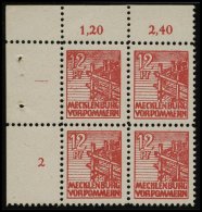 MECKLENBURG-VORPOMMERN 36xcc VB **, 1946, 12 Pf. Schwärzlichgraurot, Kreidepapier, Linker Oberer Eckrandviererblock - Autres & Non Classés