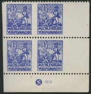 MECKLENBURG-VORPOMMERN 33xbUsDZ VB **, 1946, 6 Pf. Violettblau, Kreidepapier, Senkrecht Ungezähnt, Im Eckrandvierer - Autres & Non Classés