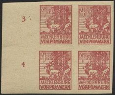 MECKLENBURG-VORPOMMERN 31yb VB **, 1946, 4 Pf. Lebhaftkarminbraun Im Randviererblock, Pracht, Fotoattest Kramp, Mi. (200 - Autres & Non Classés
