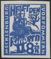 MECKLENBURG-VORPOMMERN 27aDDU **, 1945, 8 Pf. Hellultramarin Kinderhilfe, Doppeldruck, Ungezähnt, Pracht, Gepr. U.a - Autres & Non Classés