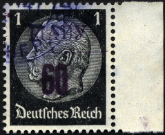 LJADY 1b O, 1941, 60 Kop. Auf 1 Pf. Schwarz, Aufdruck Schwarzviolett, Rechtes Randstück, Pracht, RR!, Fotoattest Zi - Occupazione 1938 – 45