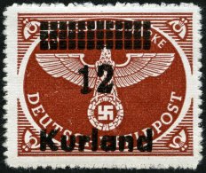 KURLAND 4ByI **, 1945, 12 Auf Rotbraun, Durchstochen, Waagerechte Gummiriffelung, Mit Abart Kurzer Fuß Der 2, Prac - Occupazione 1938 – 45