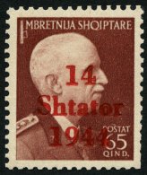 ALBANIEN 10III **, 1943, 65 Q. Karminbraun Mit Abart 1944 Statt 1943, Ein Paar Stumpfe Zähne Sonst Pracht, Gepr. Kr - Occupazione 1938 – 45