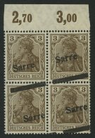 SAARGEBIET 3I F IV VB **, 1920, 3 Pf. Dunkelockerbraun, Type I, Diagonaler Aufdruck Im Oberrandviererblock, Pracht, R!, - Altri & Non Classificati