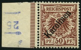 KAROLINEN 6I *, 1899, 50 Pf. Diagonaler Aufdruck, Linkes Randstück, Fast Postfrisch, Kabinett, Fotoattest Steuer, M - Caroline Islands