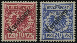 KAROLINEN 3/4I *, 1899, 10 Und 20 Pf. Diagonaler Aufdruck, Falzreste, 2 Prachtwerte, Mi. 150.- - Islas Carolinas