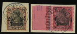 DP TÜRKEI 30/1 BrfStk, 1905, 21/2 Pia. Auf 50 Pf. Und 4 Pia. Auf 80 Pf., Ohne Wz., 2 Prachtbriefstücke - Turchia (uffici)