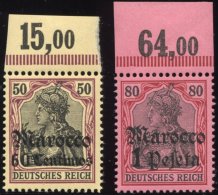 DP IN MAROKKO 28/9 **, 1905, 60 C. Auf 50 Pf. Und 1 P. Auf 80 Pf., Ohne Wz., Je Vom Oberrand, Postfrisch, Pracht, Mi. 14 - Marocco (uffici)