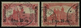 DP IN MAROKKO 16I O, 1900, 1 P. 25 C. Auf 1 M., Type I, Mit Höher Und Tiefer Stehendem Aufdruck, 2 Prachtwerte - Marocco (uffici)