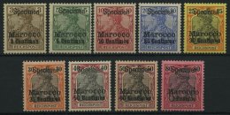 DP IN MAROKKO 7-15SP *, 1900, 3 C. Auf 3 Pf. - 1 P. Auf 80 Pf. Reichspost Mit Aufdruck Specimen, Falzrest, 9 Prachtwerte - Marocco (uffici)