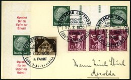 ZUSAMMENDRUCKE S 124 BRIEF, 1936, Hindenburg A5 + 6 + A5 Mit Zusatzfrankatur Auf Zeppelinkarte (Sieger Nr. 423), Pracht - Se-Tenant