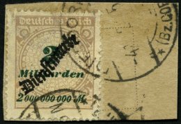 DIENSTMARKEN D 84 BrfStk, 1923, 2 Mrd. M. Mattsiena/schwarzgrün Auf Briefstück, Feinst, Gepr. Peschl, Mi. 150. - Servizio