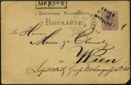 BAHNPOST Emden-Warburg, L3, 1877-1879, Auf 4 Ganzsachenkarten Mit 1/2 Gr. Und 3x 5 Pfe., Dabei Eine Nach Wien, Feinst - Machines à Affranchir (EMA)