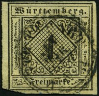 WÜRTTEMBERG 1yb O, 1851, 1 Kr. Schwarz Auf Mittelgraugelbem Seidenpapier, Untere Linke Ecke Leicht Knapp Sonst Prac - Altri & Non Classificati