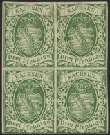 SACHSEN 2IIa VB *, 1851, 3 Pf. Saftiggrün, Späte Auflage, Im Viererblock, Unten Berührt Sonst Voll-breitr - Saxony