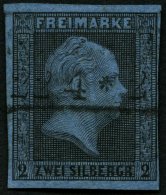 PREUSSEN 3 O, 1850, 2 Sgr. Schwarz Auf Blau, Ortsstempel, Pracht, Mi. 120.- - Other & Unclassified