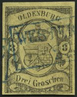 OLDENBURG 8 O, 1859, 3 Gr. Schwarz Auf Graugelb, Blauer R2 WESTERSTEDE, Kaum Sichtbare Punkthelle Stelle Sonst Pracht, G - Oldenbourg