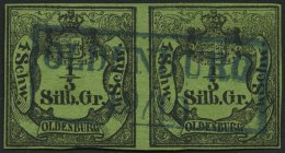 OLDENBURG 1 Paar O, 1855, 1/3 Sgr. Schwarz Auf Grünoliv Im Waagerechten Paar, Idealer Zentrischer Blauer R2 OLDENBU - Oldenbourg