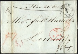 HAMBURG 1844, T 2 JUL, Rote Sonderform Auf Brief Von Magdeburg (K2) Per HAMBURG STEAMER Nach London, Rückseitig Kle - Prefilatelia