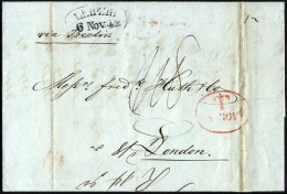 HAMBURG 1842, T 8 NOV, Rote Sonderform Auf Brief Von Leipzig (Sonderform) Via Berlin Nach London, Rückseitiger Durc - Precursores