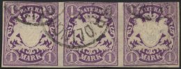 BAYERN 30a O, 1874, 1 M. Violett Im Waagerechten Dreierstreifen, Oben Etwas Knapp Sonst Pracht, Mi. 700.- - Andere & Zonder Classificatie