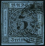 BADEN 8 O, 1858, 3 Kr. Schwarz Auf Blau, Allseits Breitrandig, Kabinett - Altri & Non Classificati