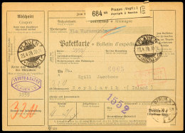 1929, Auslands-Paketkarte Von "PLAUEN (VOGTL) 25.4.29" Nebst Rotem Ra2 "Gebühr Bezahlt" über Berlin... - Autres & Non Classés