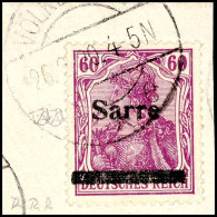 60 Pf. Germania Sarre In A-Farbe Tadellos Auf Briefstück, Neues Fotoattest Braun BPP: "Die Qualität Ist... - Otros & Sin Clasificación