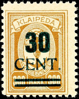 30 Cent Grünaufdruck, Aufdruck In Type I, Tadellos Postfrisch, Unsigniert, Fotoattest Thilo Nagler VP (2016):... - Memel (Klaïpeda) 1923