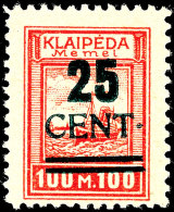 25 Cent Grünaufdruck, Aufdruck In Type I, Aufdruckfehler II "Punkt Hinter Cent Ca. 1.5 Mm Höher Stehend",... - Memel (Klaipeda) 1923