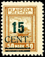15 Cent Grünaufdruck, Aufdruck In Type I, Tadellos Postfrisch, Unsigniert, Fotoattest Thilo Nagler VP (2016):... - Memel (Klaipeda) 1923