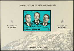 1971, 6 L. Soiuz 11-Kosmonauten Block In Grün. Farbe, Aufl. 12.500, Tadellos Postfrisch, Katalog: Bl. 86... - Romania