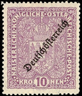 10 Kr. Schwarzbraunviolett, Type I, Aufdruck "Deutsch-Österreich", Ungebraucht Mit Originalgummierung Und... - Autres & Non Classés