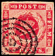 3 C. Dunkelkarmin, Brauner Gummi, Allseits Breitrandig, 4-Ringstempel Mit Großem Punkt, Abart: "linke Untere... - Danish West Indies