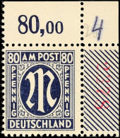 80 Pf. Schwarzviolettultramarin, Re. Obere Bogenecke Mit Roter Zählnummer, Kleiner Bug, Postfrisch,... - Autres & Non Classés